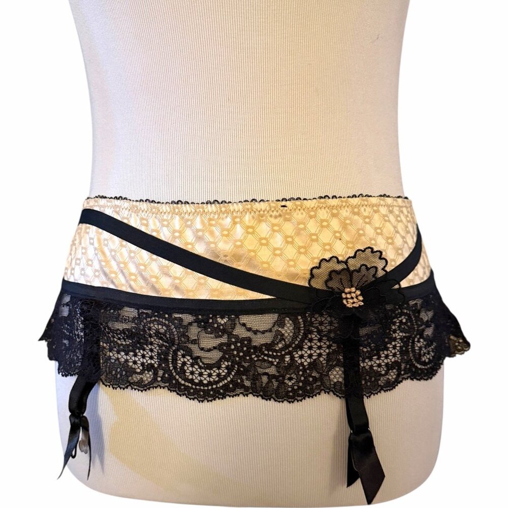 Aubade Women's Black Tan Lace Sheer Garter Belt Lingerie‎ Size L Large Sexy
